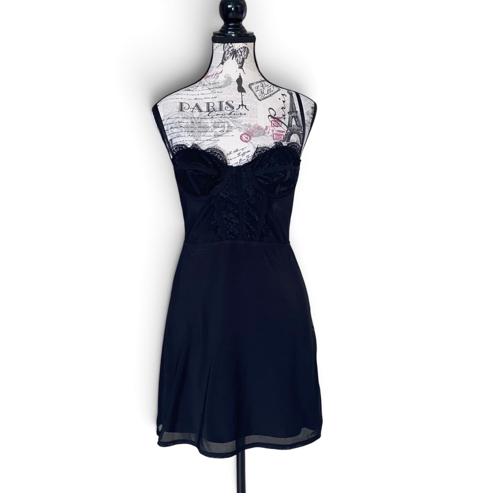 Urban Outfitters Corset Slip Dress Womens M Black Lace Mesh Mini Lingerie Style